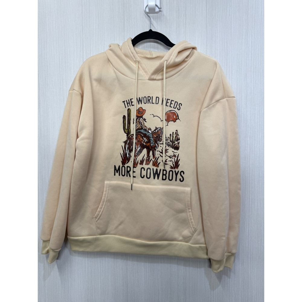 The World Needs More Cowboys Graphic Hoodie Peach Western Desert Sweatshirt L
